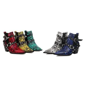 Women's Serpentinite Pointed Toe Buckles Belts Puppy Heel Short Boots