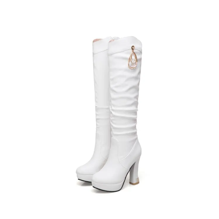 Women's Side Zippers Rhinestone Spool Heel Platform Knee High Boots