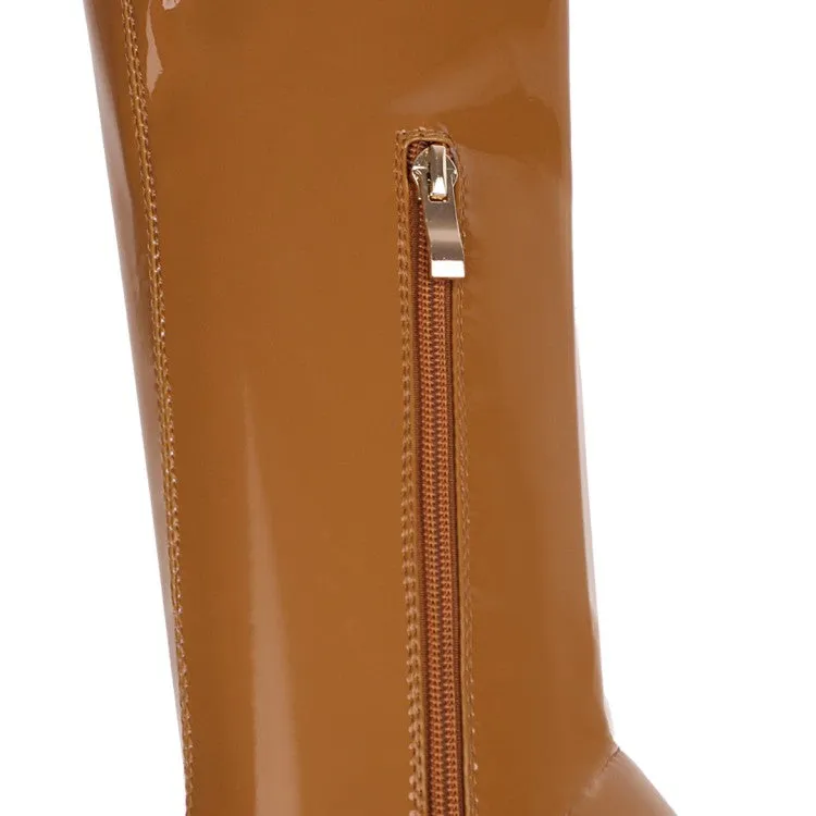 Women's Square Toe Glossy Side Zippers Chunky Heel Knee-High Boots