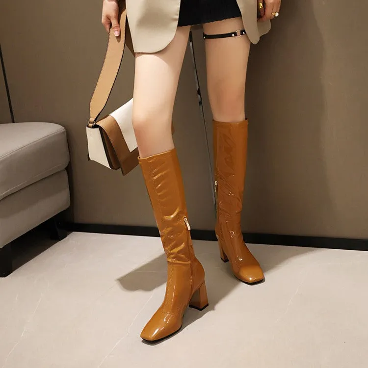 Women's Square Toe Glossy Side Zippers Chunky Heel Knee-High Boots