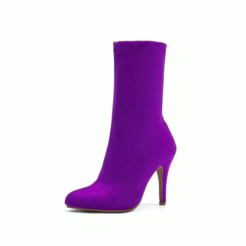 Women's stretchy mid calf sock boots | Candy color stiletto mid calf boots for party