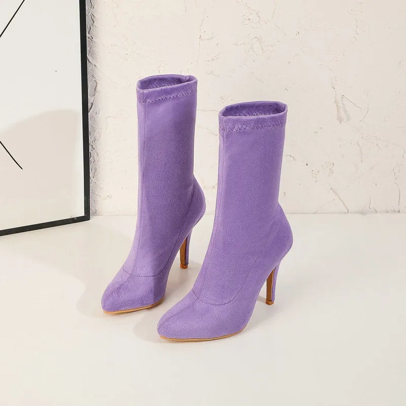 Women's stretchy mid calf sock boots | Candy color stiletto mid calf boots for party