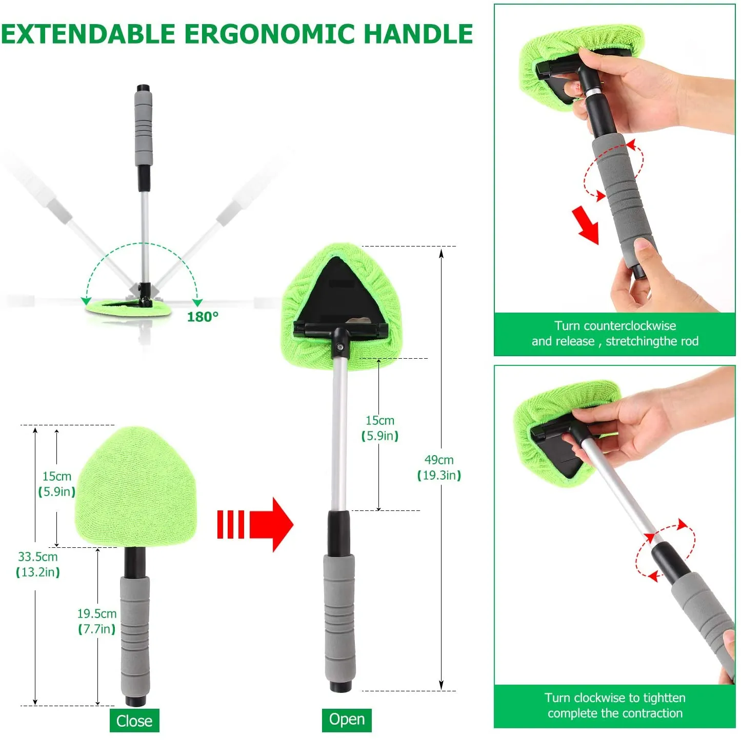 X XINDELL Windshield Cleaner -Microfiber Car Window Cleaning Tool with Extendable Handle and Washable Reusable Cloth Pad Head Auto Interior Exterior Glass Wiper Car Glass Cleaner Kit (Extendable)