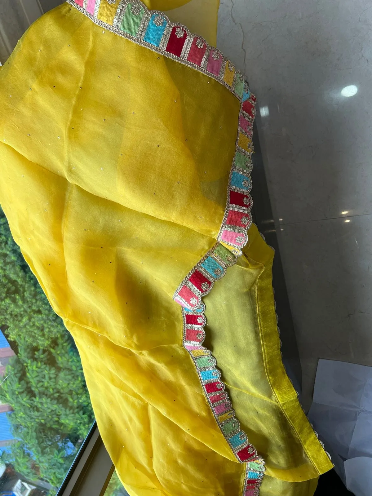 Yellow elegant organza saree bordered saree